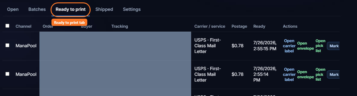 Ready-to-print orders with label, envelope, and pick-list actions. Buyer, order, and tracking details are redacted.