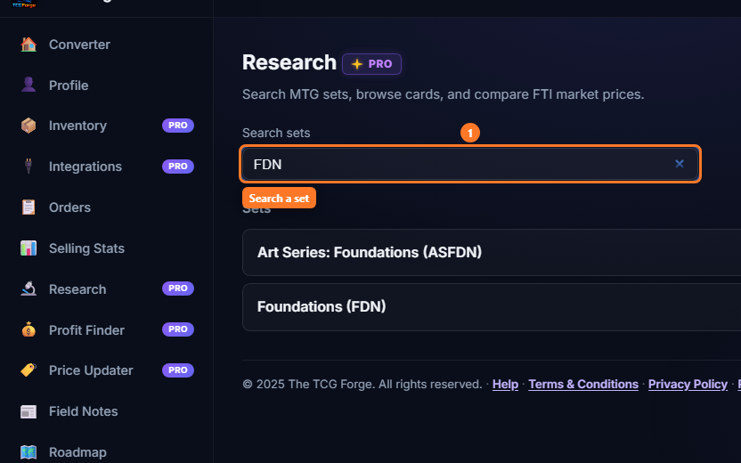 The TCG Forge Research view showing a set search and navigation for inventory, integrations, orders, and seller tools.